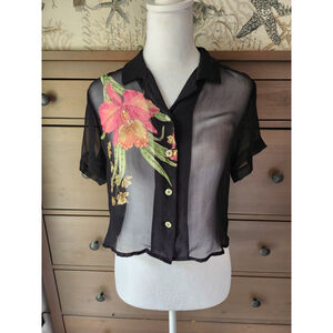 Robbie Bee 100% Silk Top Sheer Black Crop Top with Key Hole Back ,#whimsygoth